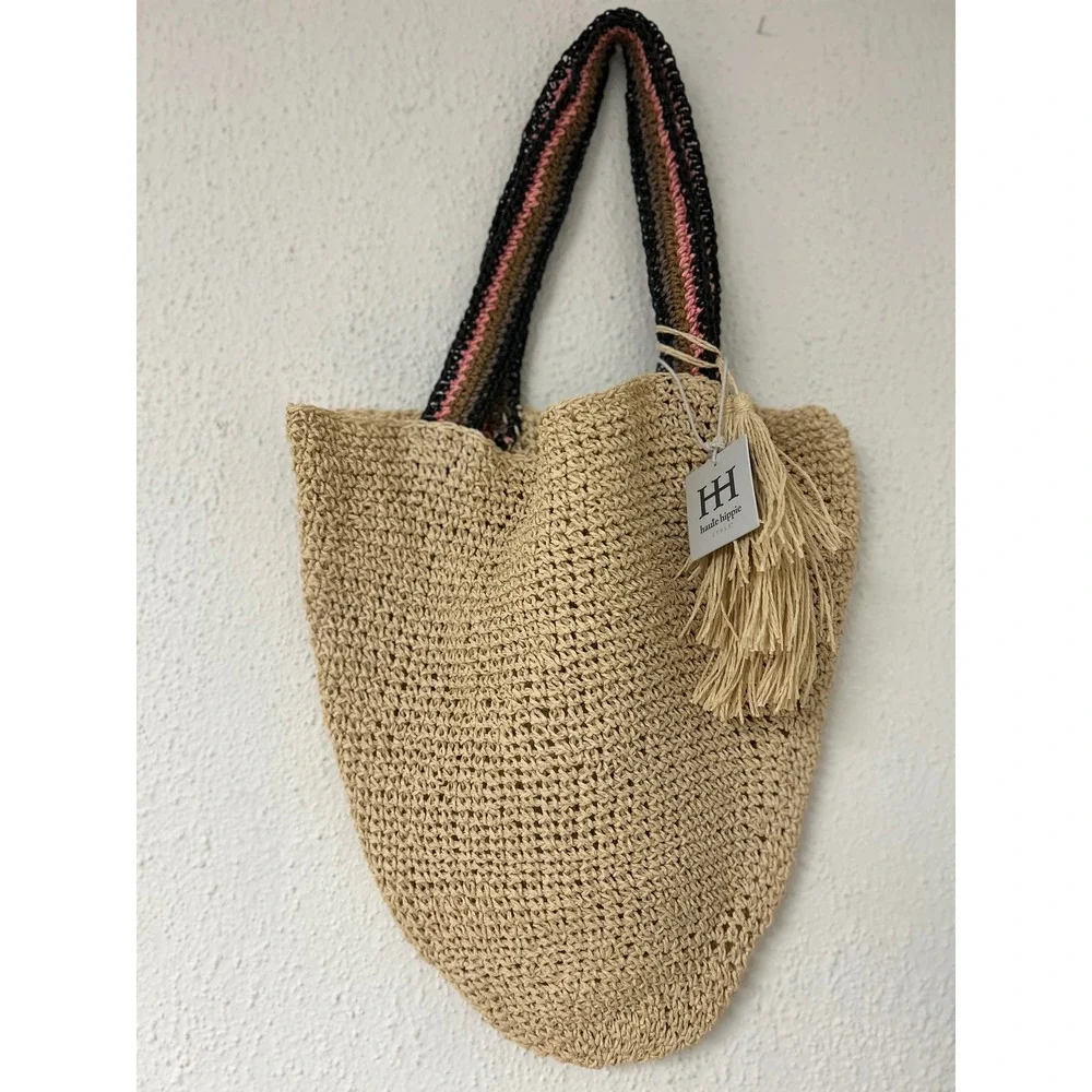 Haute Hippie Style Woven Straw Tote Bag Beige Tan Striped Straps Tassel NWT